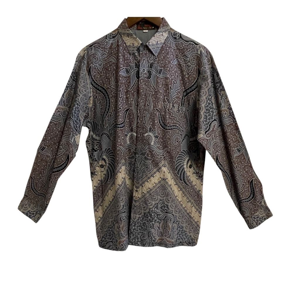 VTG Batik Button Up Collared Mens Long Sleeve Dress Shirt Size Large Blue Brown